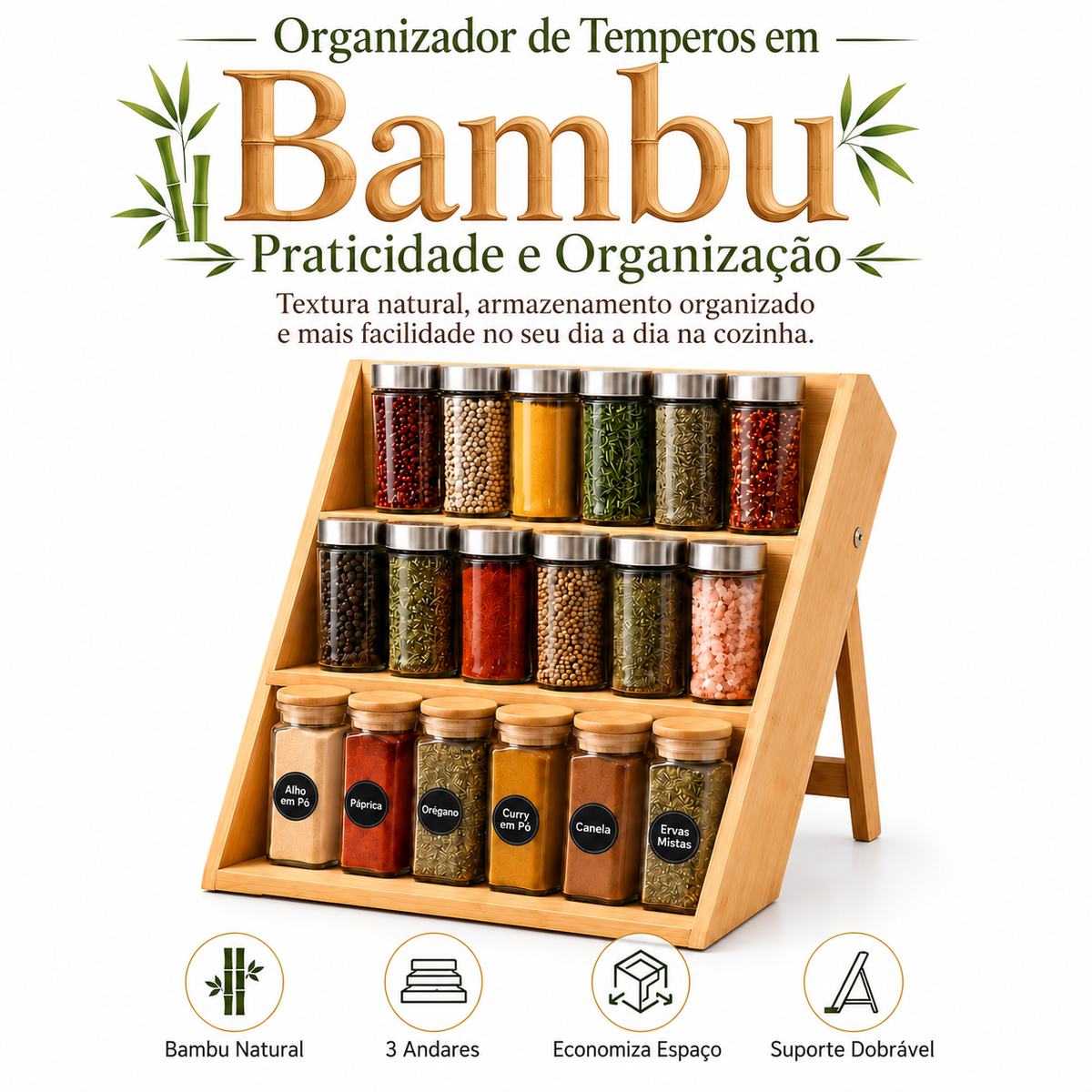 Organizador de Temperos em Bambu com 3 Andares
