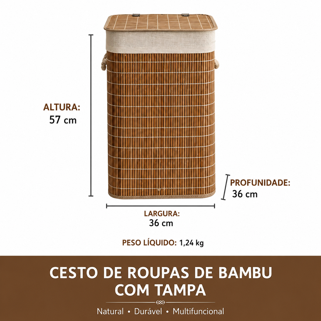 Cesto Organizador de Roupas em Bambu Natural com Tampa – Multifuncional para Quarto e Casa