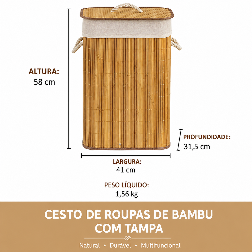 Cesto Organizador de Roupas em Bambu Natural com Tampa – Multifuncional para Quarto e Casa