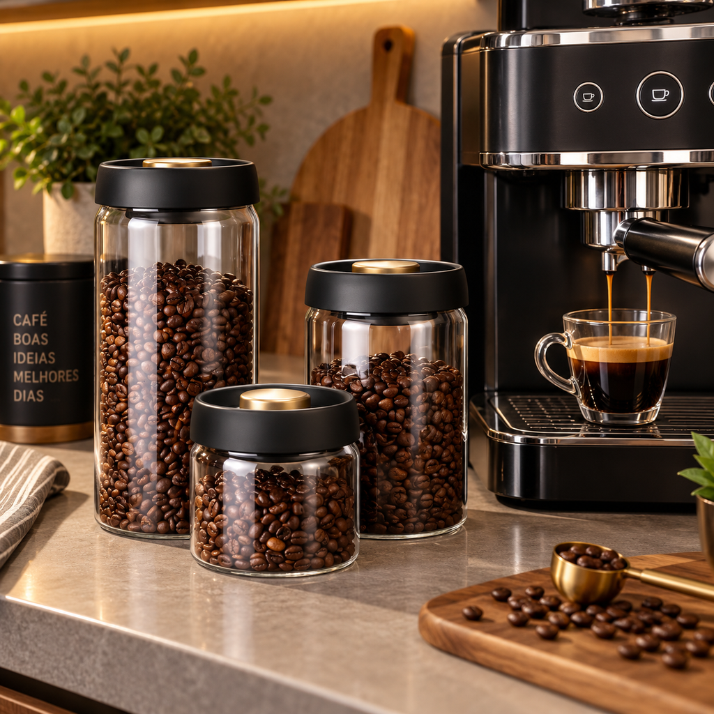 Pote Hermético a Vácuo para Café em Grãos – Vidro com Tampa de Preservação de Aroma e Frescor
