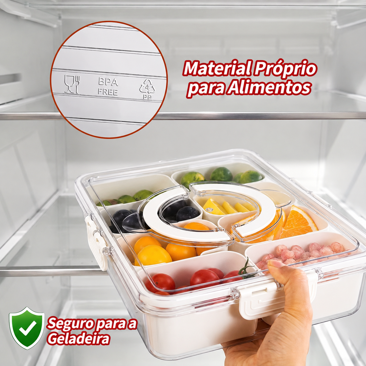 Bandeja Organizadora Portátil para Lanches, Frios, Petiscos, Frutas e Snacks com Tampa