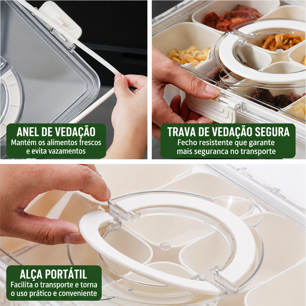 Bandeja Organizadora Portátil para Lanches, Frios, Petiscos, Frutas e Snacks com Tampa