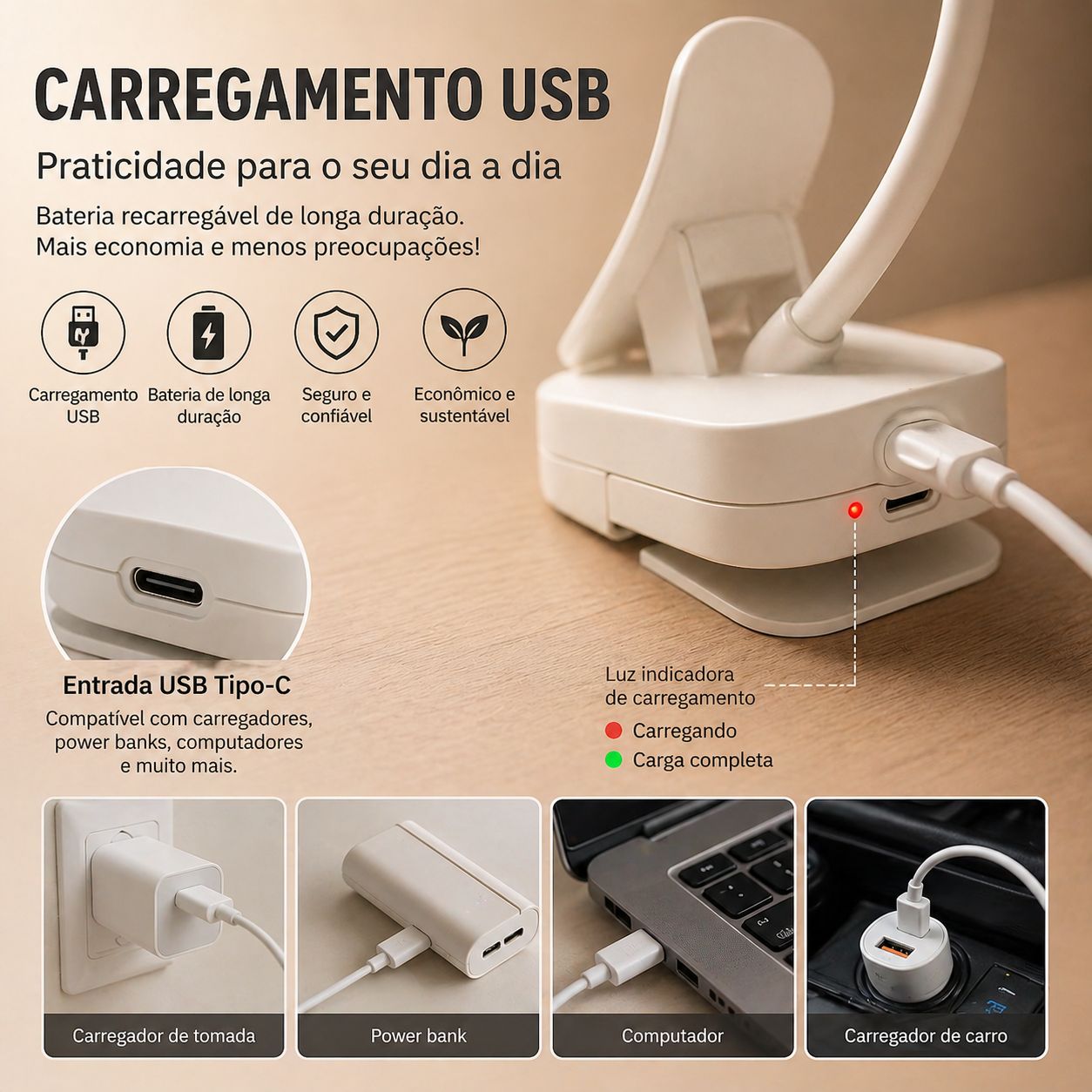 Luz de Leitura Led - Portátil com Clip - USB