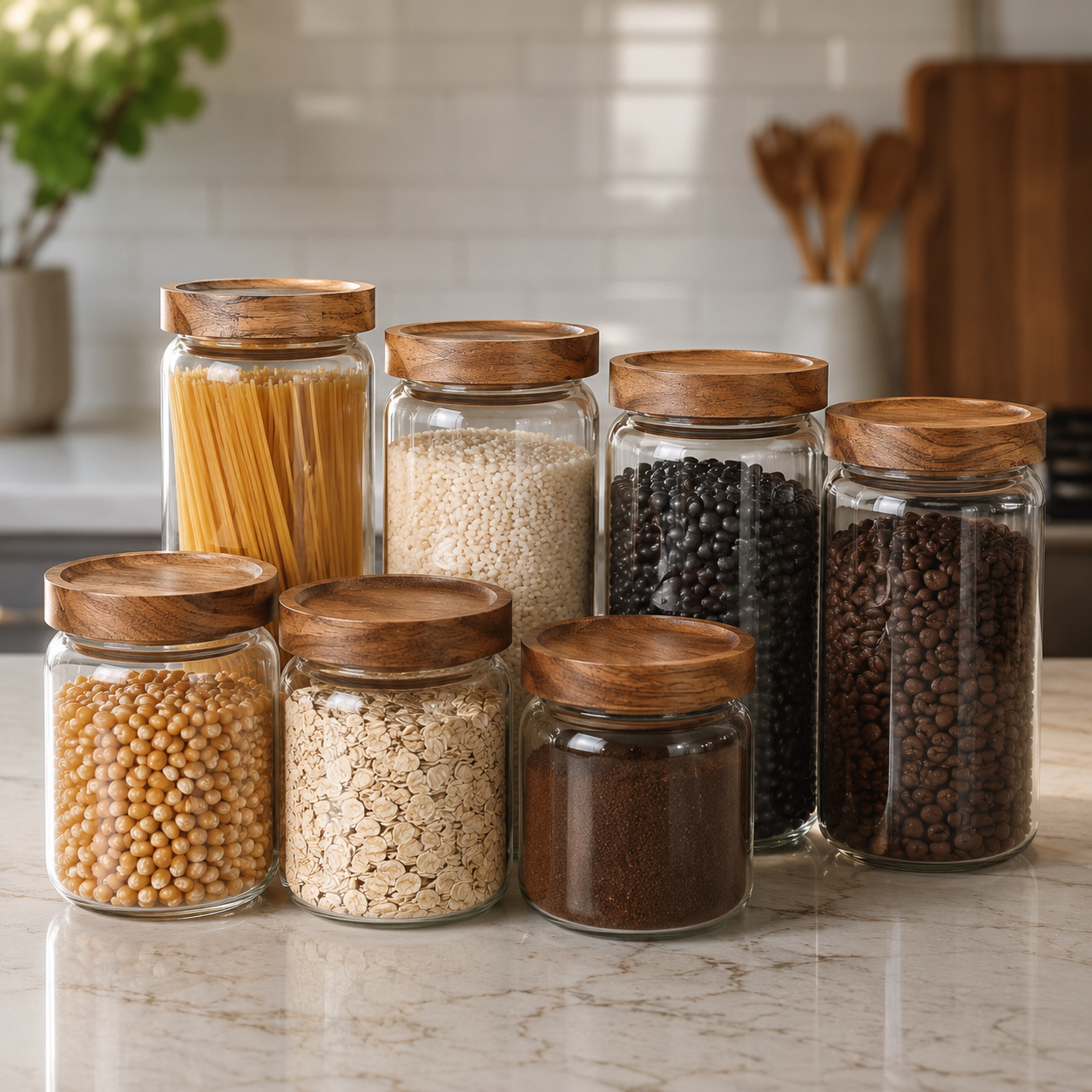 Pote Hermético de Vidro com Tampa de Bambu – Ideal para Café, Cereais, Grãos e Temperos