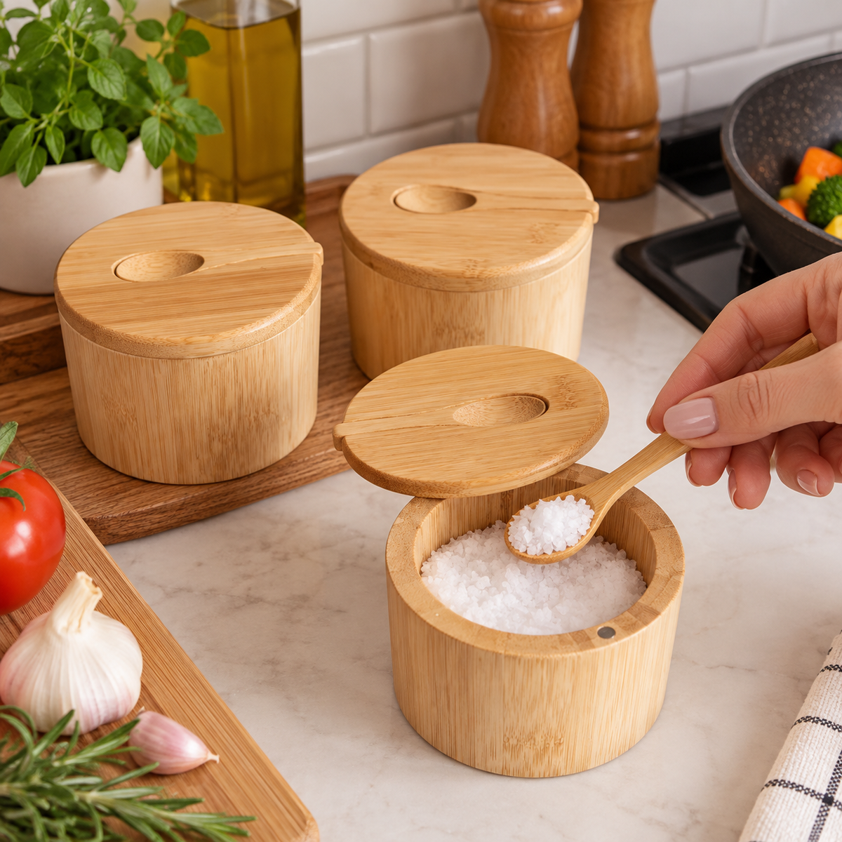Porta-Temperos com Tampa de Bambu - Madeira Natural| Potes para Sal, Açúcar e Condimentos