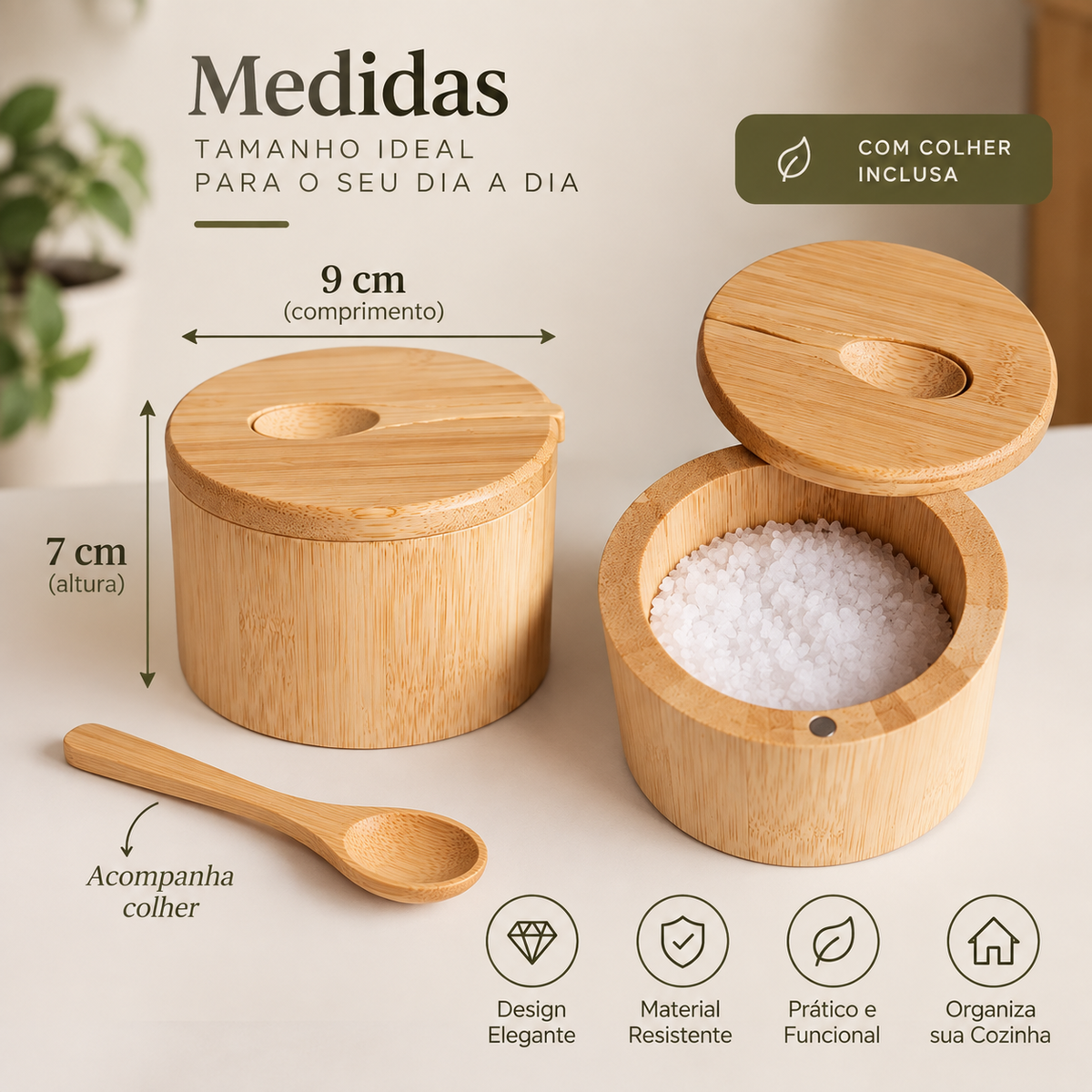 Porta-Temperos com Tampa de Bambu - Madeira Natural| Potes para Sal, Açúcar e Condimentos