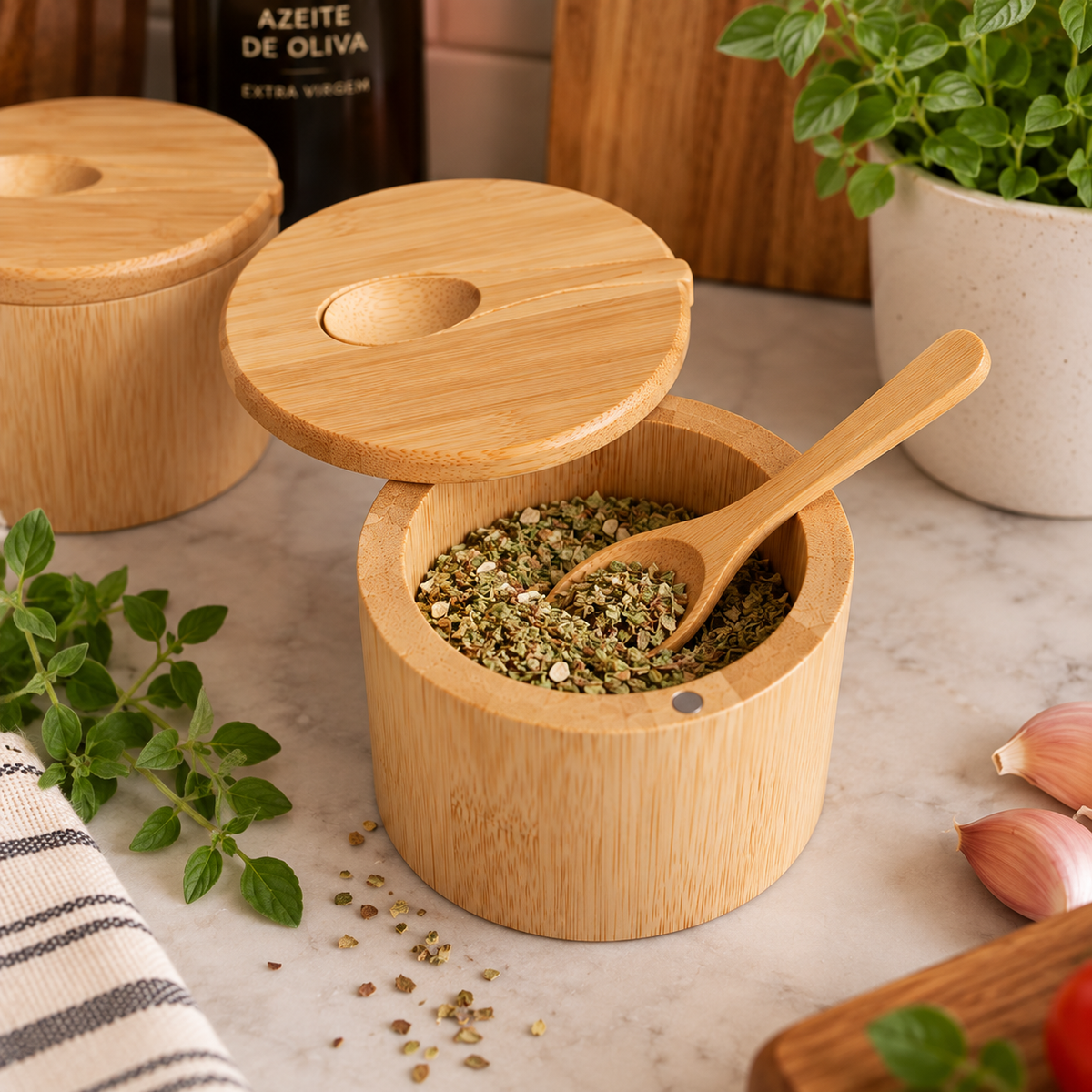Porta-Temperos com Tampa de Bambu - Madeira Natural| Potes para Sal, Açúcar e Condimentos