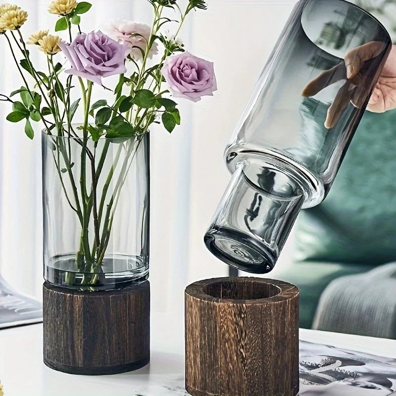 Vaso de Vidro Elegante com Base de Madeira para Plantas Hidropônica