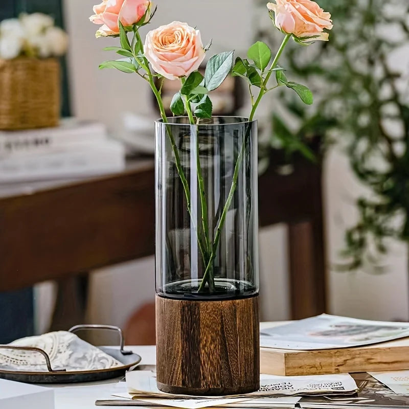 Vaso de Vidro Elegante com Base de Madeira para Plantas Hidropônica