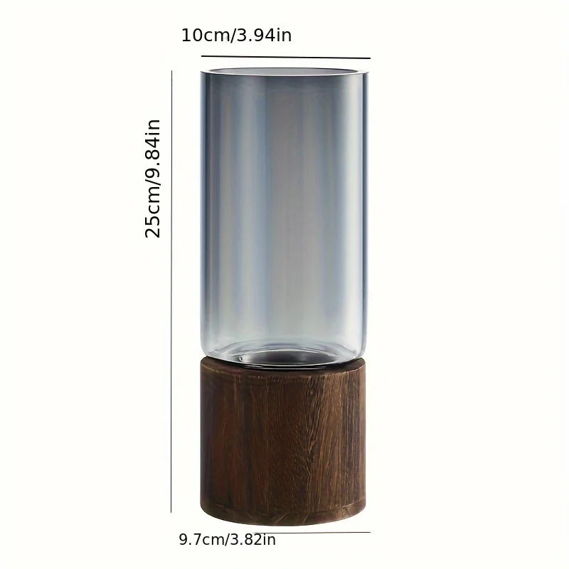 Vaso de Vidro Elegante com Base de Madeira para Plantas Hidropônica