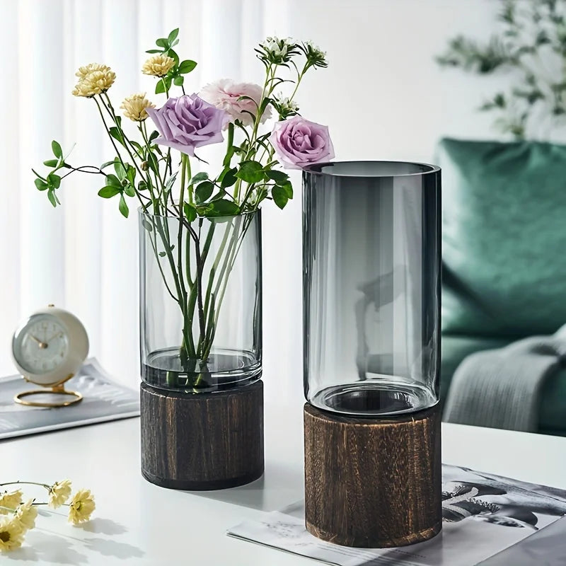 Vaso de Vidro Elegante com Base de Madeira para Plantas Hidropônica
