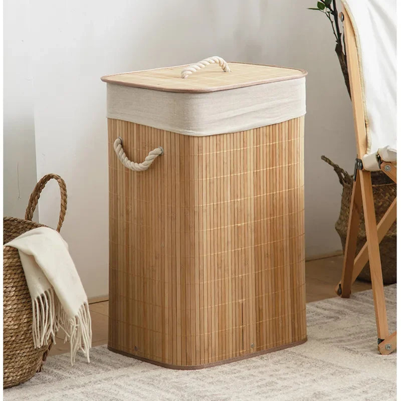 Cesto Organizador de Roupas em Bambu Natural com Tampa – Multifuncional para Quarto e Casa