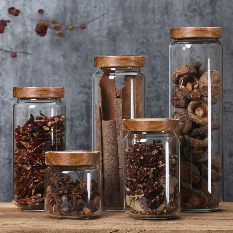Pote Hermético de Vidro com Tampa de Bambu – Ideal para Café, Cereais, Grãos e Temperos