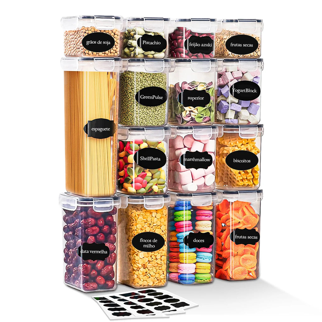 Kit com 15 Potes Herméticos para Mantimentos – Organizadores de Cozinha com Vedação Airtight
