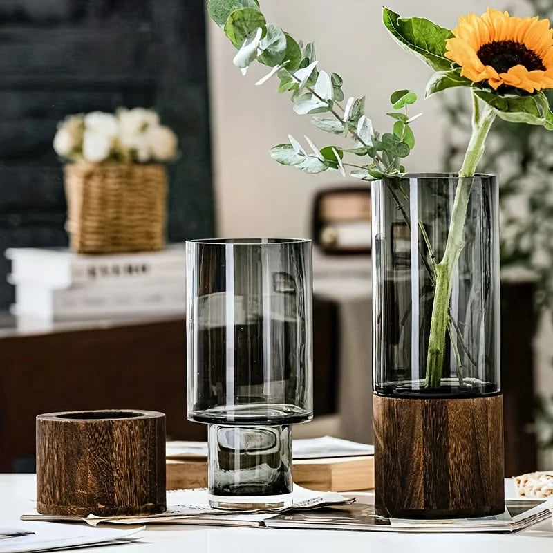 Vaso de Vidro Elegante com Base de Madeira para Plantas Hidropônica