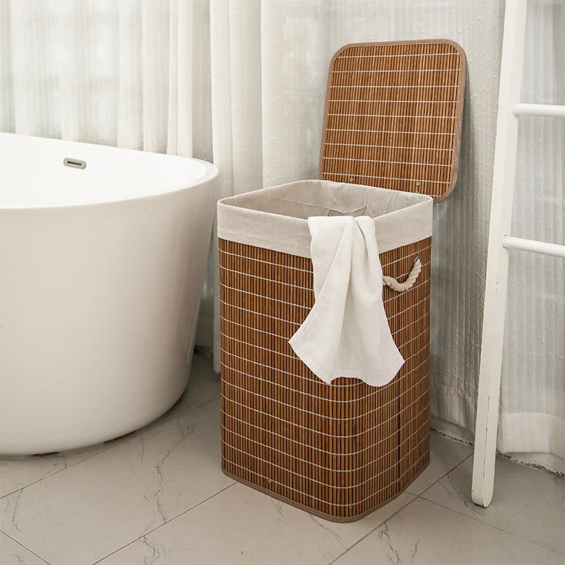 Cesto Organizador de Roupas em Bambu Natural com Tampa – Multifuncional para Quarto e Casa
