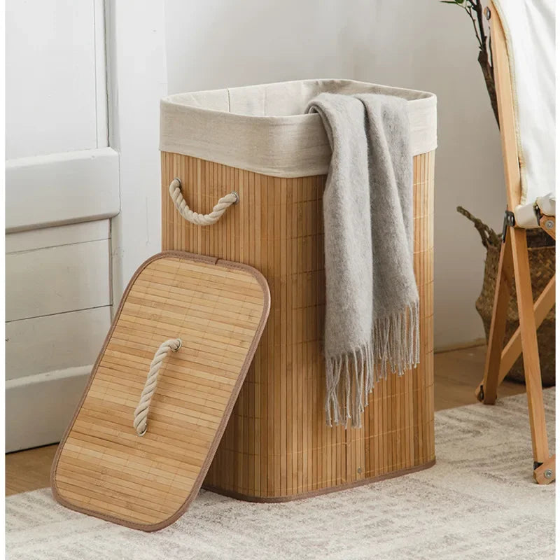 Cesto Organizador de Roupas em Bambu Natural com Tampa – Multifuncional para Quarto e Casa