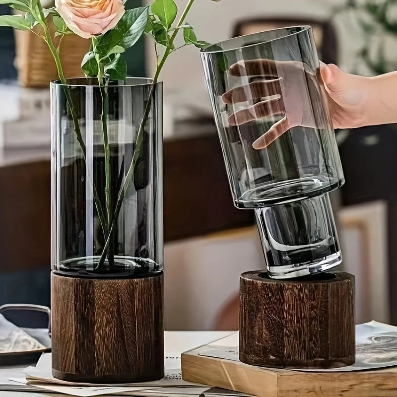 Vaso de Vidro Elegante com Base de Madeira para Plantas Hidropônica
