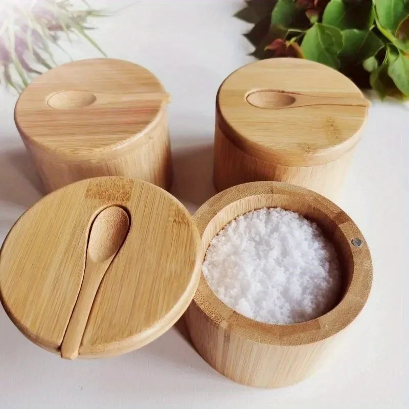Porta-Temperos com Tampa de Bambu - Madeira Natural| Potes para Sal, Açúcar e Condimentos