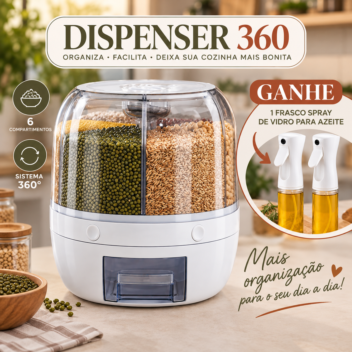 Dispensador de alimentos com rotação de 360° e 6 compartimentos - Recipiente Hermético
